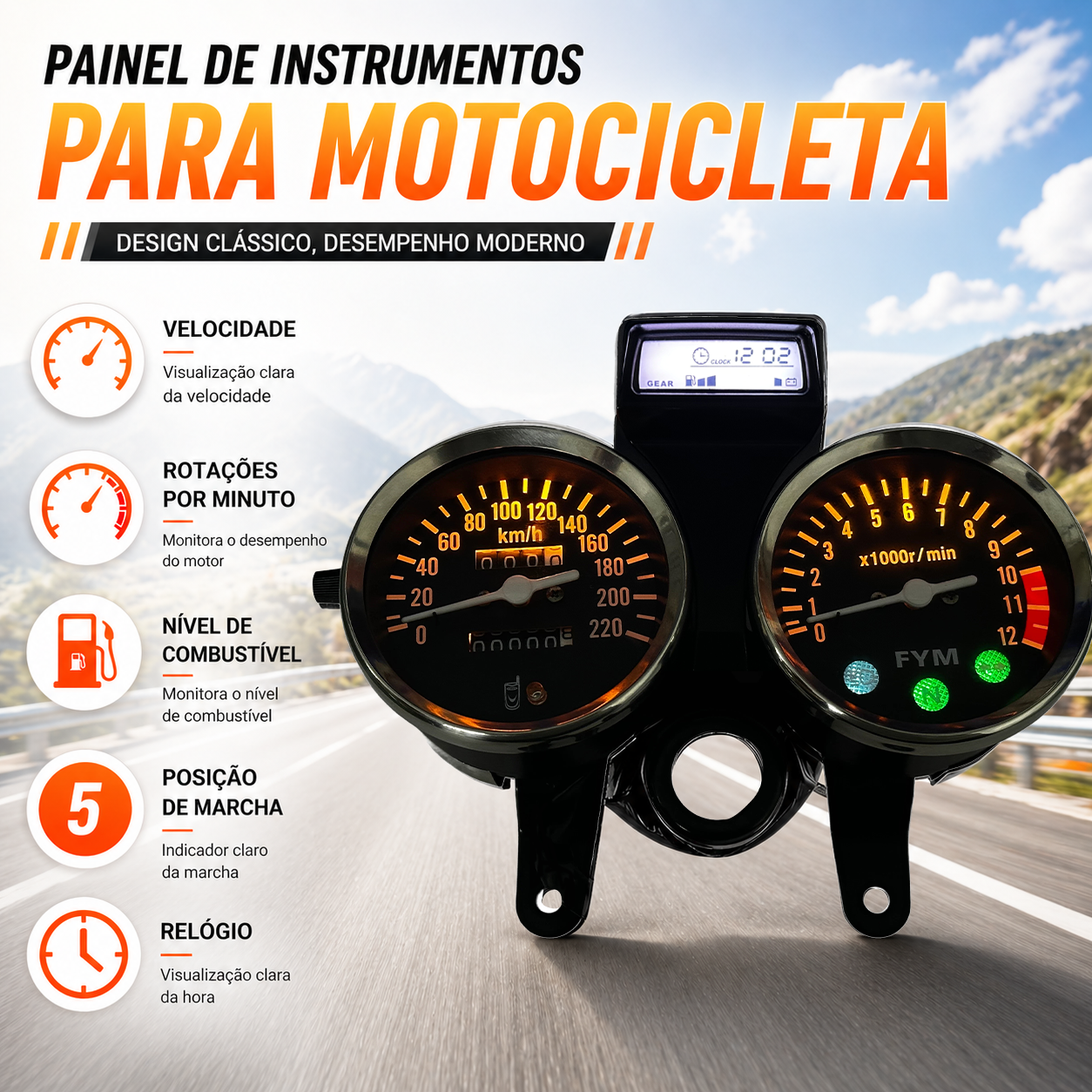 painel digital para moto velocímetro tacômetro para (Suzuki GN 125, Suzuki Intruder 125 ED, Suzuki GN125 Cafe Racer, CG125, Cruiser 200, Lifan LF125)