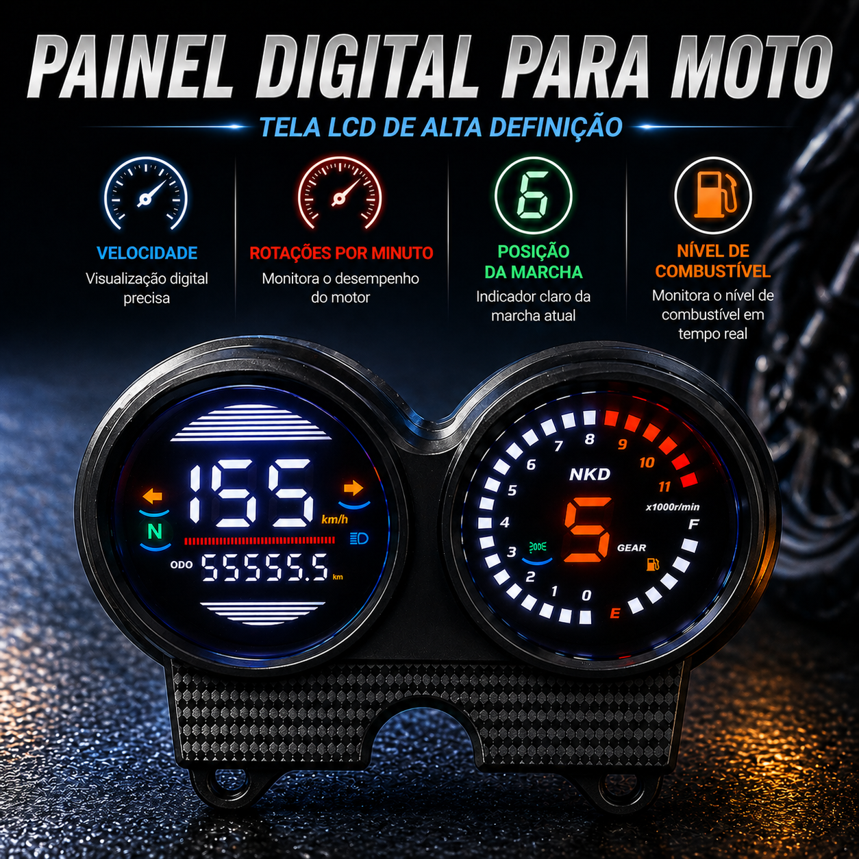 Painel digital para motocicleta velocímetro tacômetro para (AKT NKD 125 150 EX75, Honda TIGER 2000, Italika Ft150 Gts, Kasinski Seta 125 e 150, Victory Bomber 125, Shineray Worker 125)