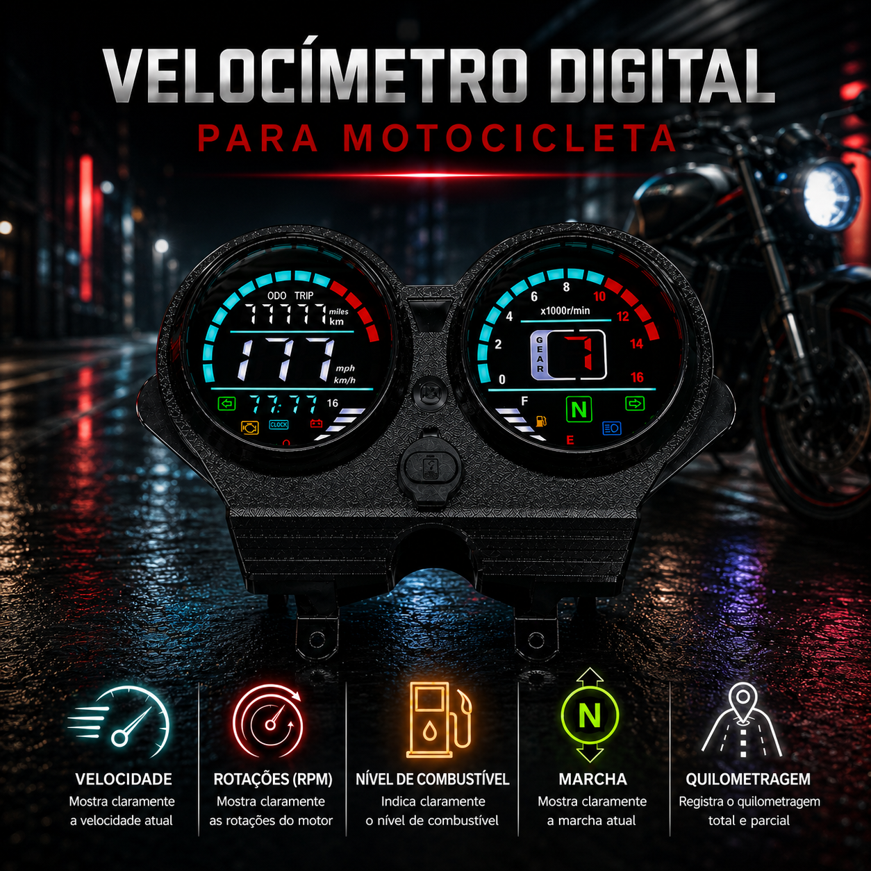 Painel digital para moto, velocímetro, tacômetro para (Honda CG 125 deluxe, Honda CG 125 DLX, Italika Forza 150 FT150 Gts, Haojue Xpress 125, MOTOTAXI 150, Land Roys RICO LR 150-28, Zongshen ZS-150, Zongshen Chambera 150, Zongshen RX150, Haojin 200)